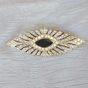Art Deco Style Brooch Clear Rhinestones Black Center Stone Silver Tone